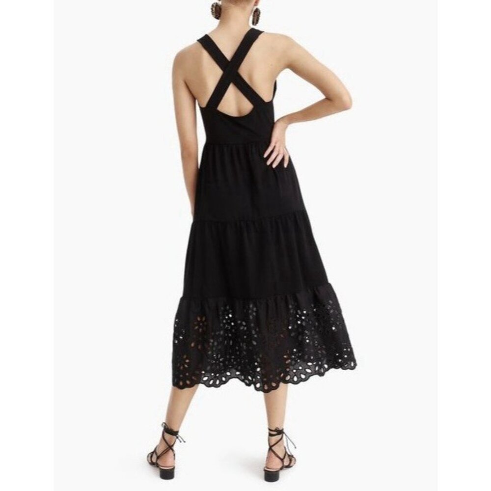 J. Crew Women’s Tiered knit dress eyelet trim Small Black Embroidery Stretch - Picture 2 of 12